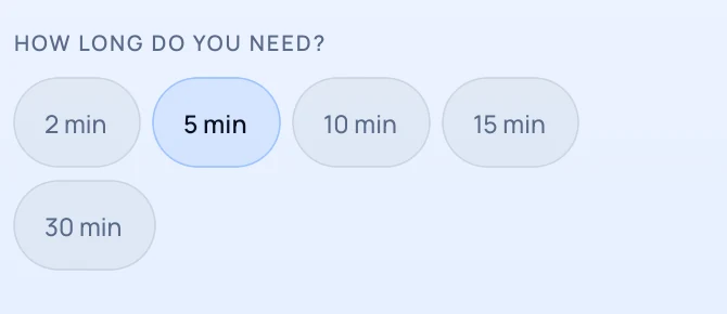 The allowance picker asking how long you need, with options from two to thirty minutes and five minutes selected.
