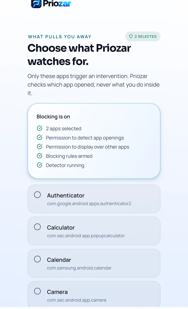 The distractions screen showing blocking is on, with a checklist confirming permissions are granted and the detector is running.
