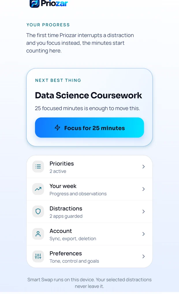 The Priozar home screen showing the next best thing to work on and links to priorities, progress and settings.