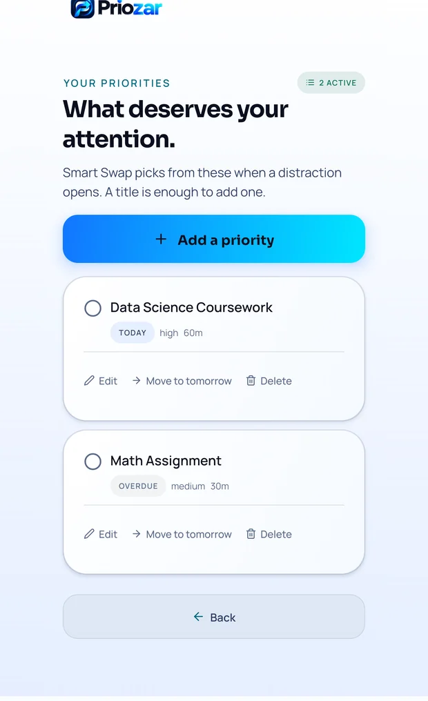 The priorities screen listing two tasks with their due dates and estimated durations.
